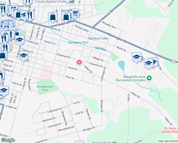 map of restaurants, bars, coffee shops, grocery stores, and more near 43428 Alden Street in Meadville