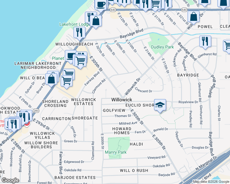 map of restaurants, bars, coffee shops, grocery stores, and more near 474 East 305th Street in Willowick