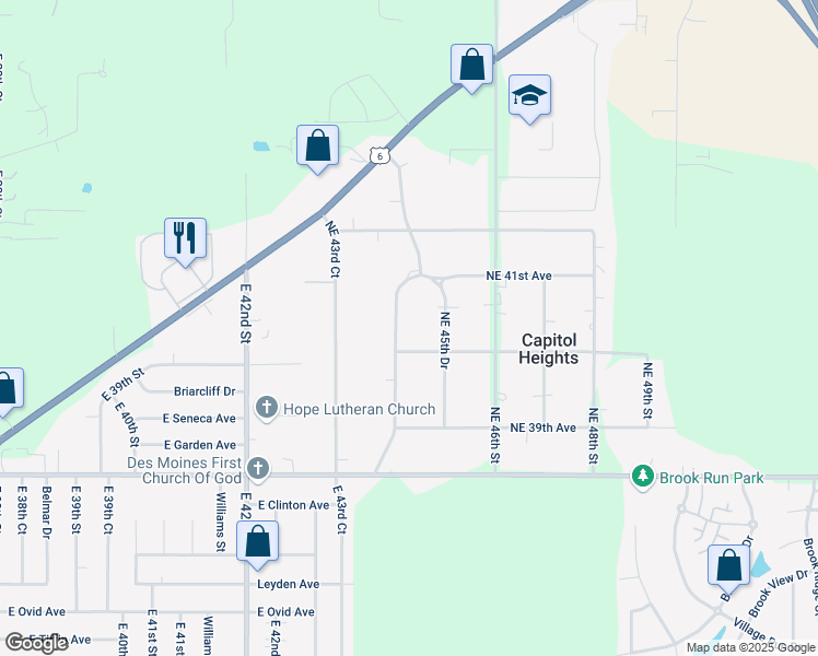 map of restaurants, bars, coffee shops, grocery stores, and more near 4060 Northeast 45th Drive in Des Moines
