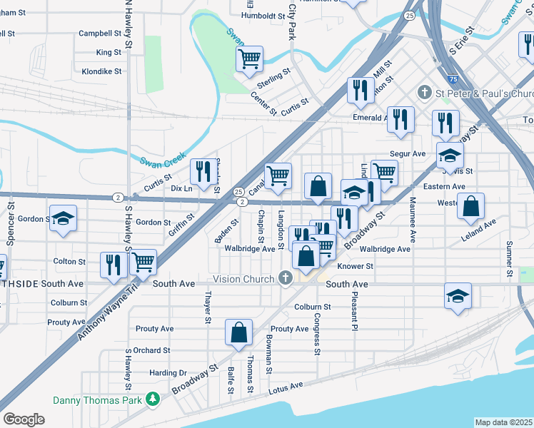 map of restaurants, bars, coffee shops, grocery stores, and more near 315 Chapin St in Toledo