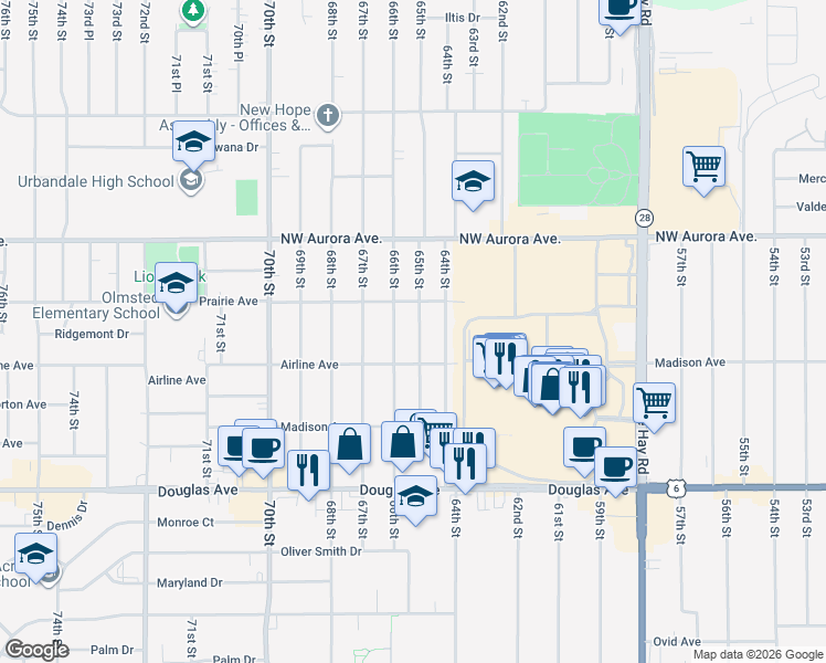 map of restaurants, bars, coffee shops, grocery stores, and more near 4016 65th Street in Urbandale