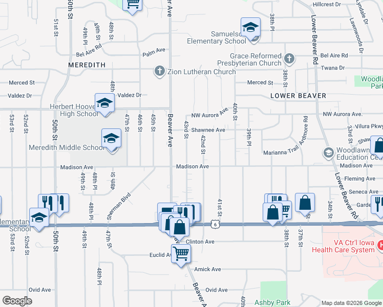 map of restaurants, bars, coffee shops, grocery stores, and more near 4021 43rd St in Des Moines