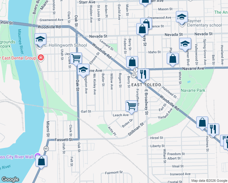 map of restaurants, bars, coffee shops, grocery stores, and more near 905 Willow Avenue in Toledo