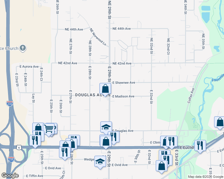 map of restaurants, bars, coffee shops, grocery stores, and more near 4019 East 29th Street in Des Moines