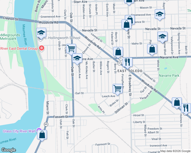 map of restaurants, bars, coffee shops, grocery stores, and more near 903 Butler Street in Toledo