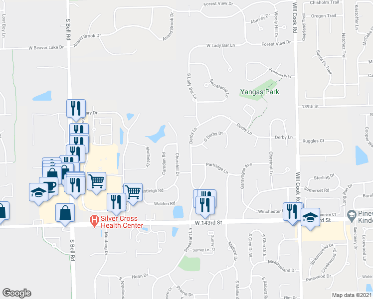 map of restaurants, bars, coffee shops, grocery stores, and more near 12330 Derby Lane in Orland Park
