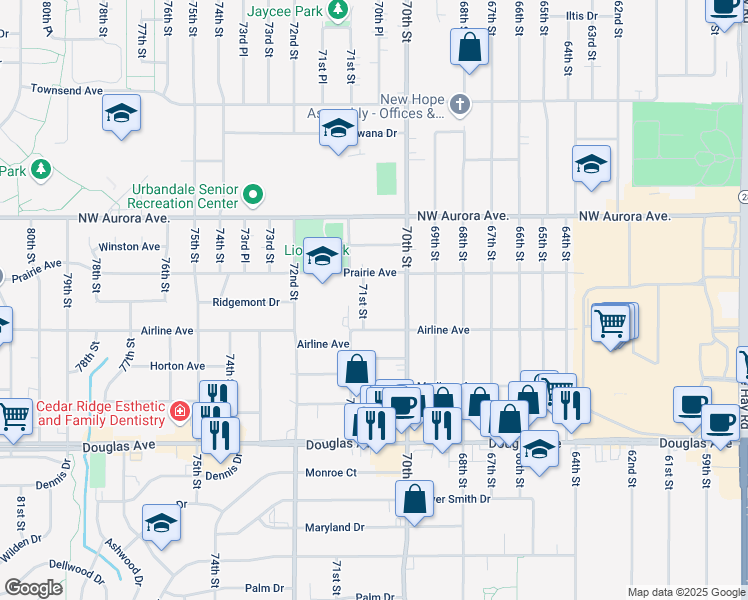 map of restaurants, bars, coffee shops, grocery stores, and more near 4019 71st St in Urbandale