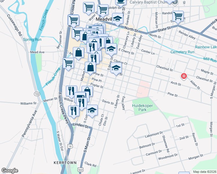 map of restaurants, bars, coffee shops, grocery stores, and more near 347 Poplar Street in Meadville