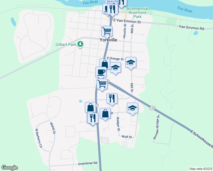 map of restaurants, bars, coffee shops, grocery stores, and more near 98 East Schoolhouse Road in Yorkville