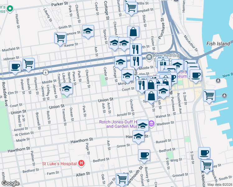 map of restaurants, bars, coffee shops, grocery stores, and more near 179 Cottage Street in New Bedford