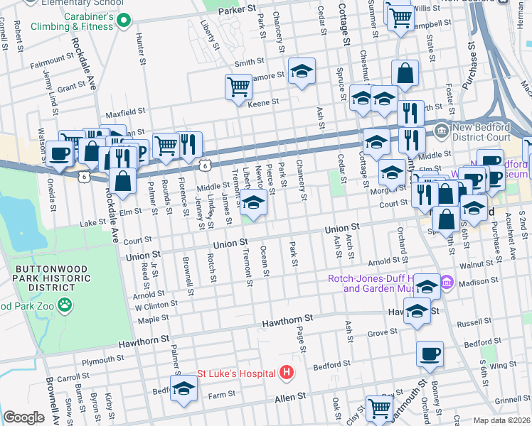 map of restaurants, bars, coffee shops, grocery stores, and more near 42 Newton Street in New Bedford