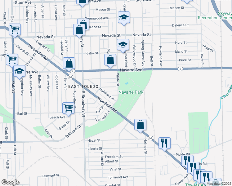 map of restaurants, bars, coffee shops, grocery stores, and more near 1014 White St in Toledo