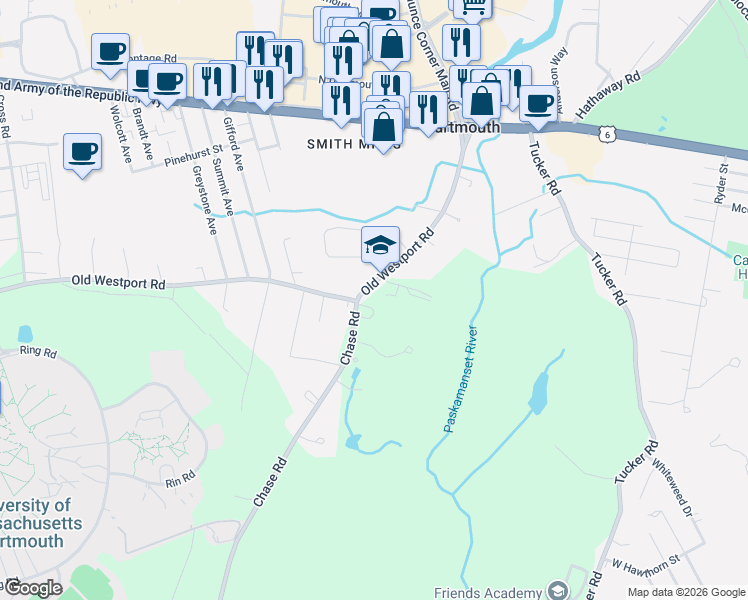 map of restaurants, bars, coffee shops, grocery stores, and more near 97 Old Westport Road in Dartmouth