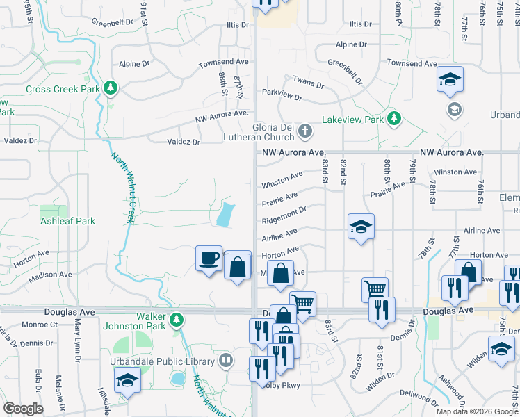 map of restaurants, bars, coffee shops, grocery stores, and more near 8516 Prairie Avenue in Urbandale