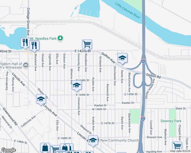 map of restaurants, bars, coffee shops, grocery stores, and more near 14337 Avalon Avenue in Dolton