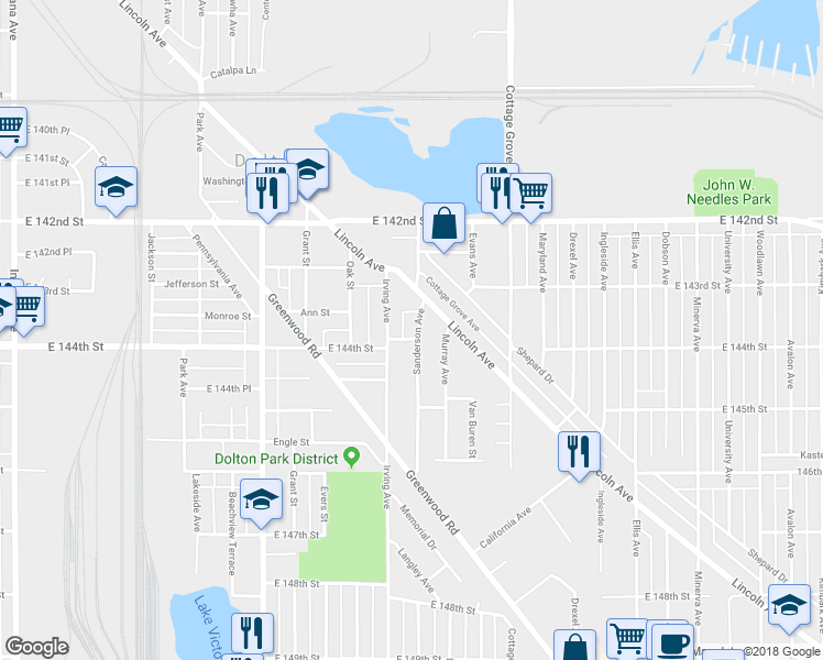 map of restaurants, bars, coffee shops, grocery stores, and more near 14334 Sanderson Avenue in Dolton