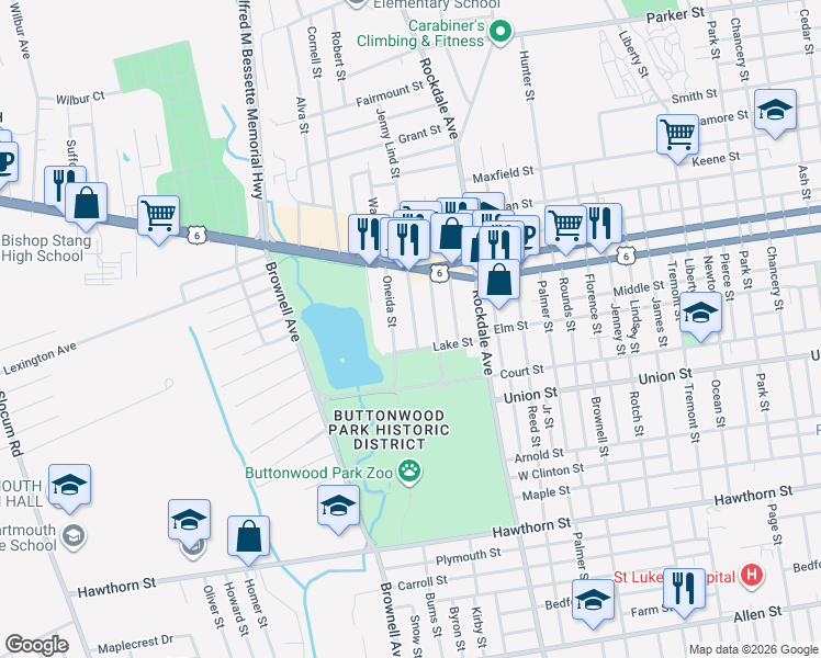 map of restaurants, bars, coffee shops, grocery stores, and more near 11 Jenny Lind Street in New Bedford