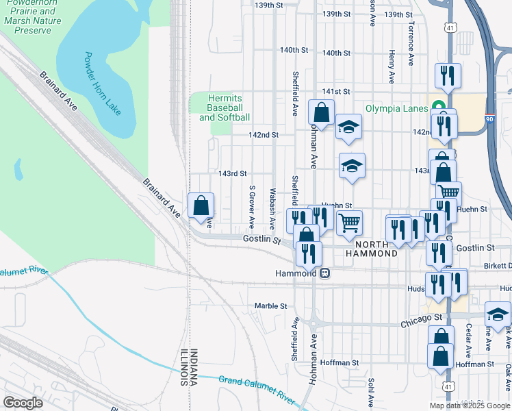 map of restaurants, bars, coffee shops, grocery stores, and more near 4343 South Grover Avenue in Hammond