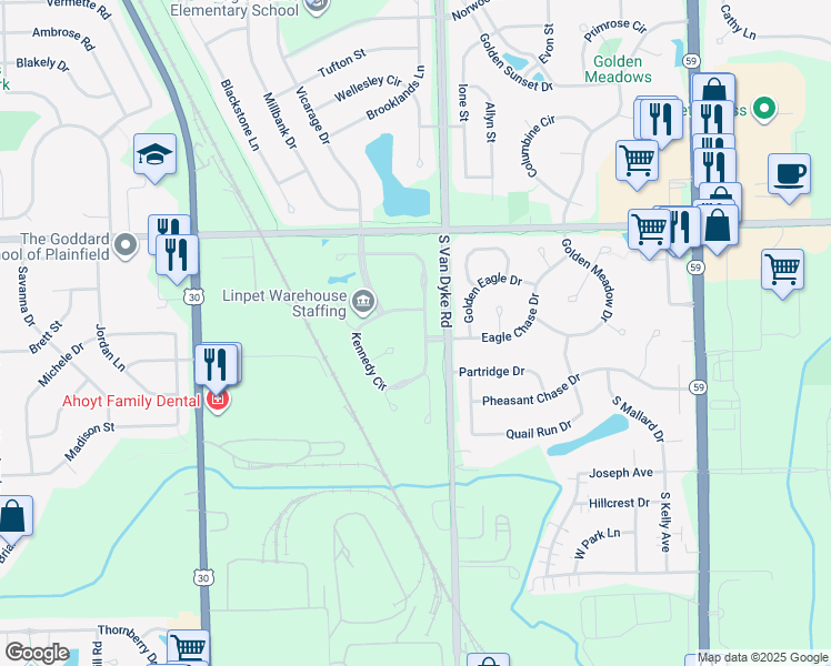 map of restaurants, bars, coffee shops, grocery stores, and more near 13640 Rockefeller Drive in Plainfield