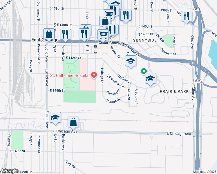 map of restaurants, bars, coffee shops, grocery stores, and more near 4322 Stewart Court in East Chicago