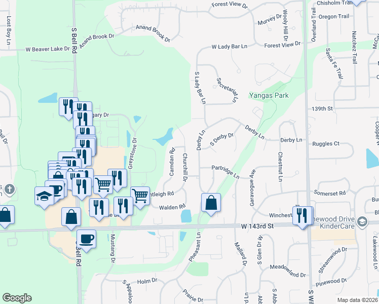 map of restaurants, bars, coffee shops, grocery stores, and more near 14045 Churchill Drive in Homer Glen