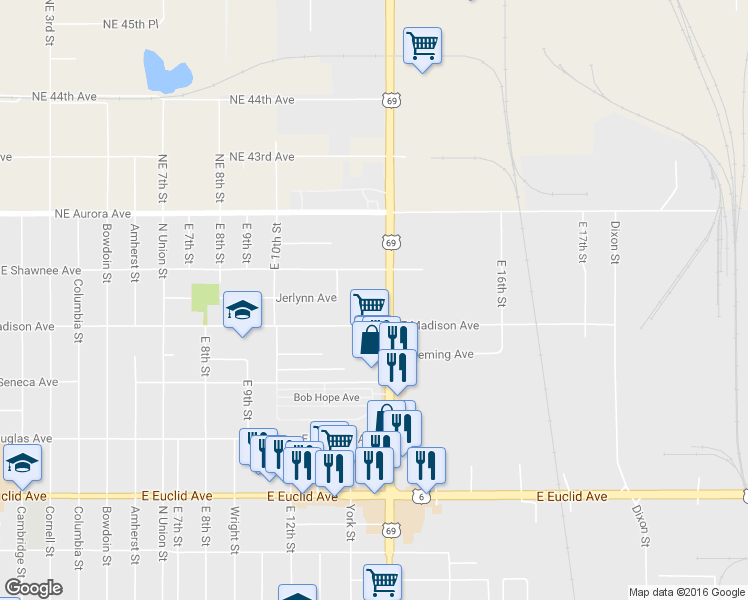 map of restaurants, bars, coffee shops, grocery stores, and more near 4028 East 14th Street in Des Moines