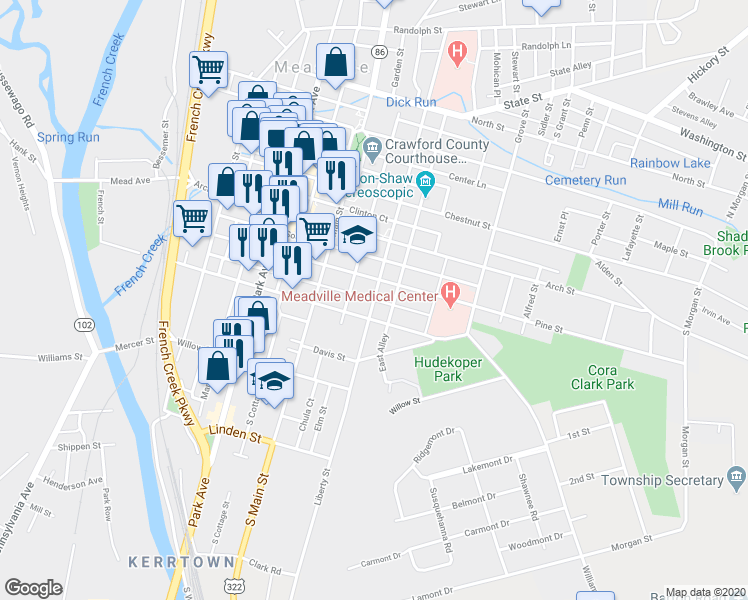 map of restaurants, bars, coffee shops, grocery stores, and more near 1041 Liberty Street in Meadville
