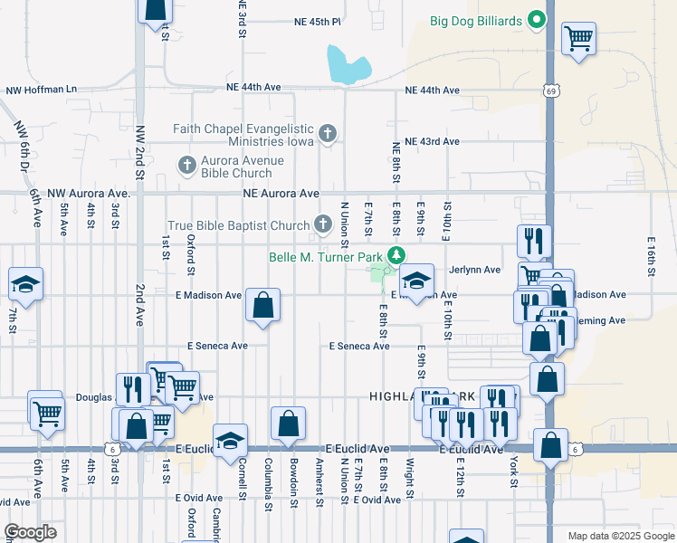 map of restaurants, bars, coffee shops, grocery stores, and more near 4024 North Union Street in Des Moines