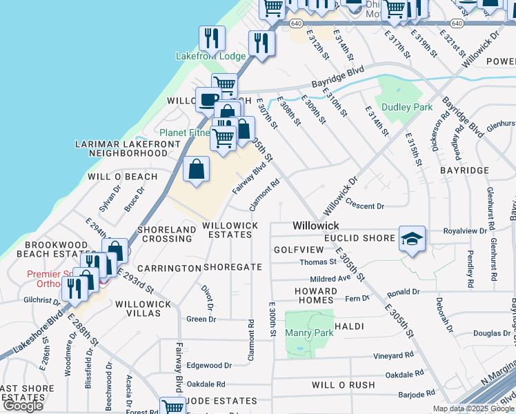 map of restaurants, bars, coffee shops, grocery stores, and more near 30304 Clarmont Road in Willowick