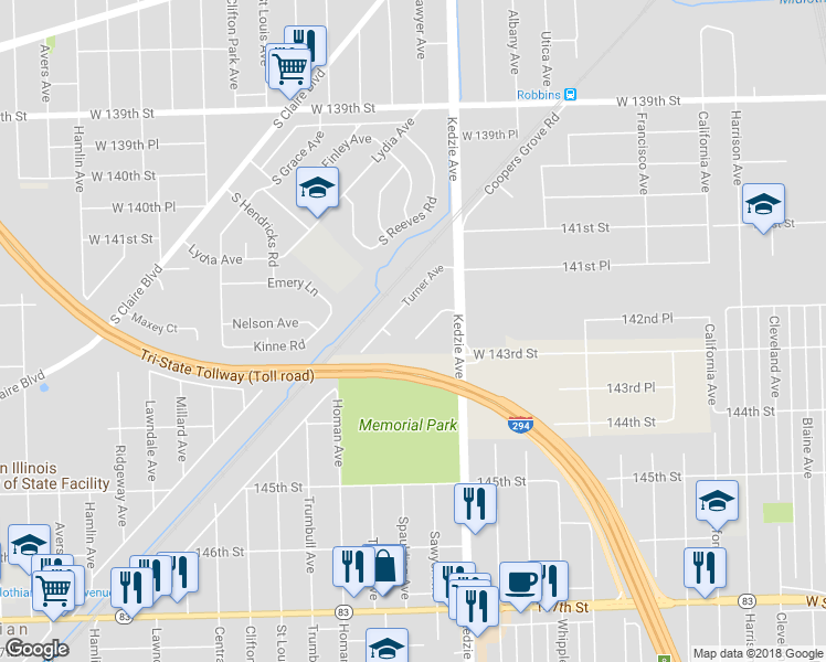 map of restaurants, bars, coffee shops, grocery stores, and more near 14222 South Spaulding Avenue in Robbins