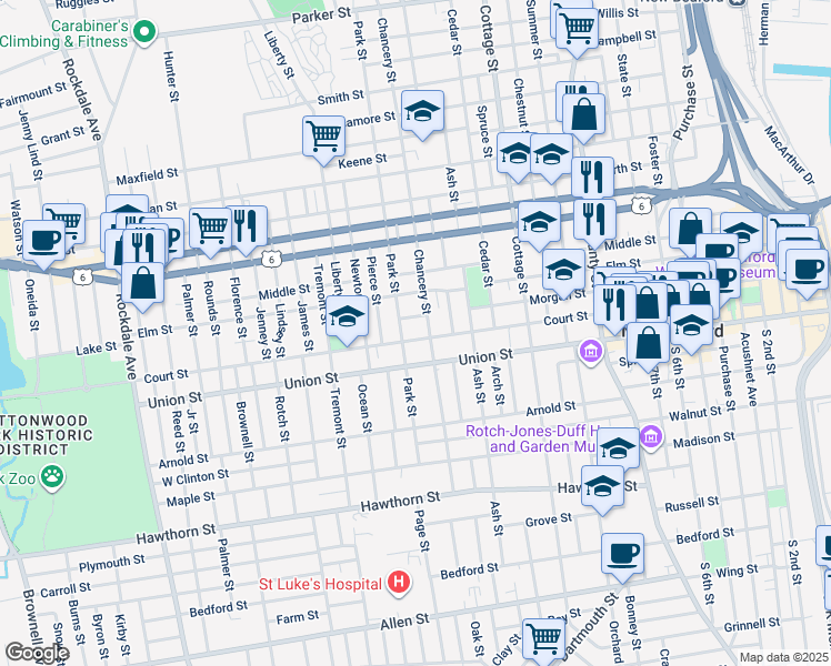 map of restaurants, bars, coffee shops, grocery stores, and more near 193 Court Street in New Bedford