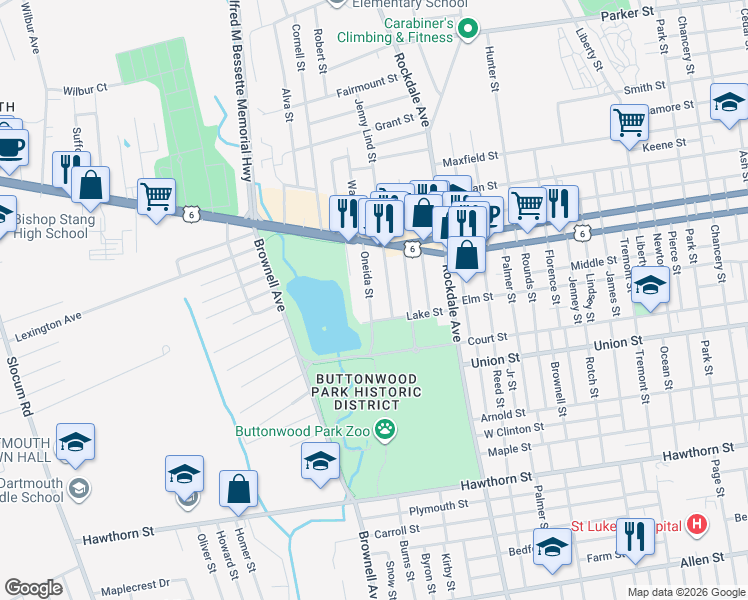 map of restaurants, bars, coffee shops, grocery stores, and more near 11 Jenny Lind Street in New Bedford