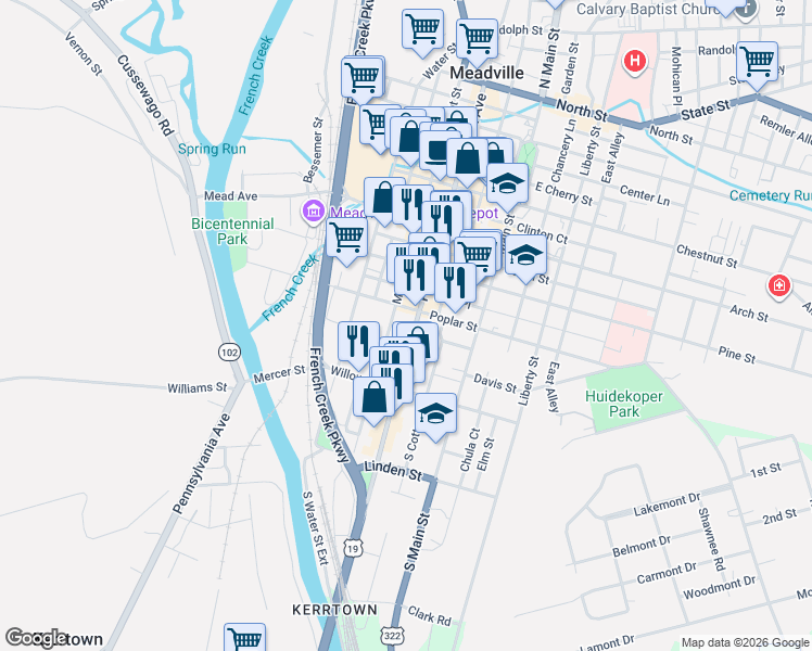 map of restaurants, bars, coffee shops, grocery stores, and more near 1073 Park Avenue in Meadville