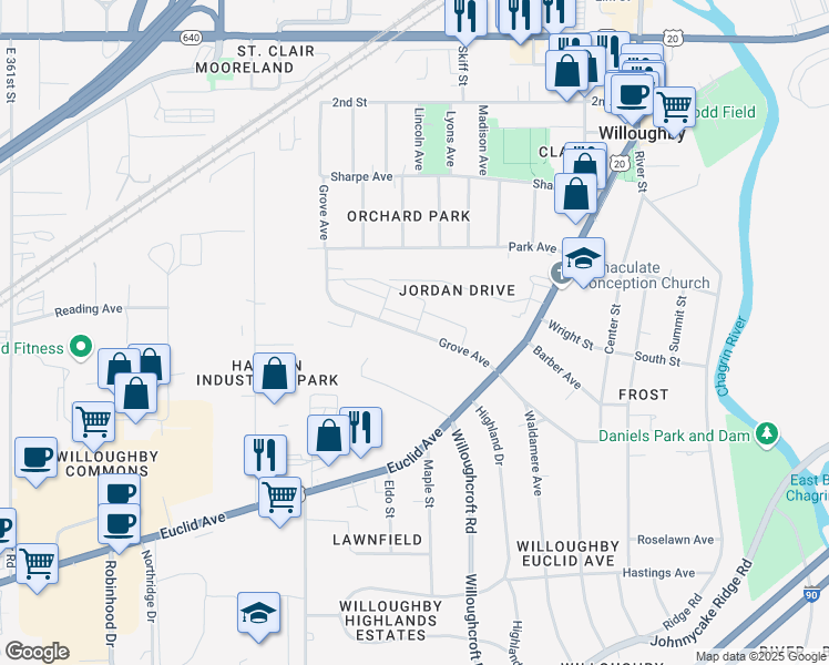 map of restaurants, bars, coffee shops, grocery stores, and more near 37508 Grove Avenue in Willoughby
