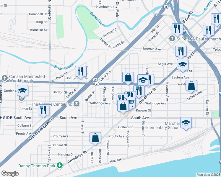 map of restaurants, bars, coffee shops, grocery stores, and more near 315 Chapin Street in Toledo