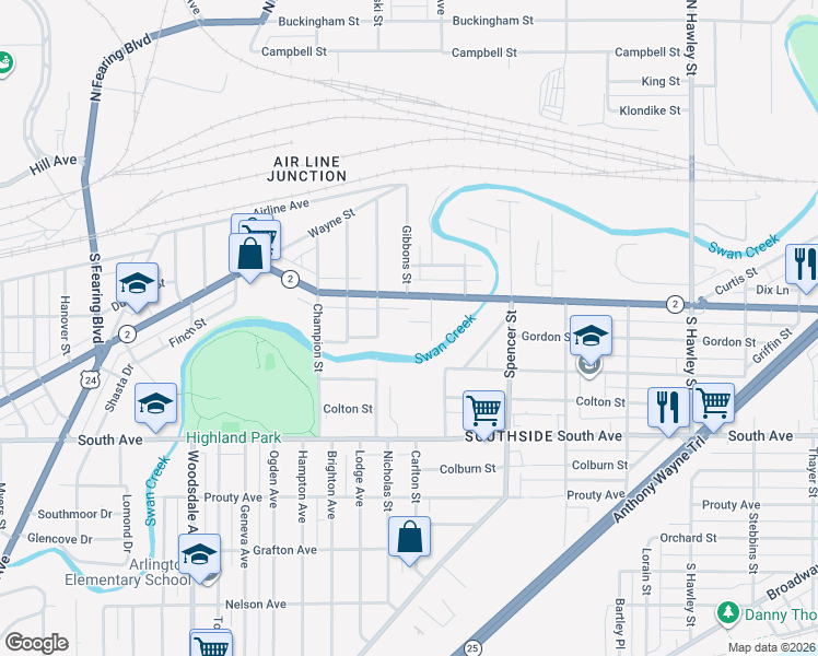 map of restaurants, bars, coffee shops, grocery stores, and more near 1521 Emma Street in Toledo