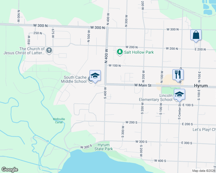 map of restaurants, bars, coffee shops, grocery stores, and more near 9 South 400 West in Hyrum