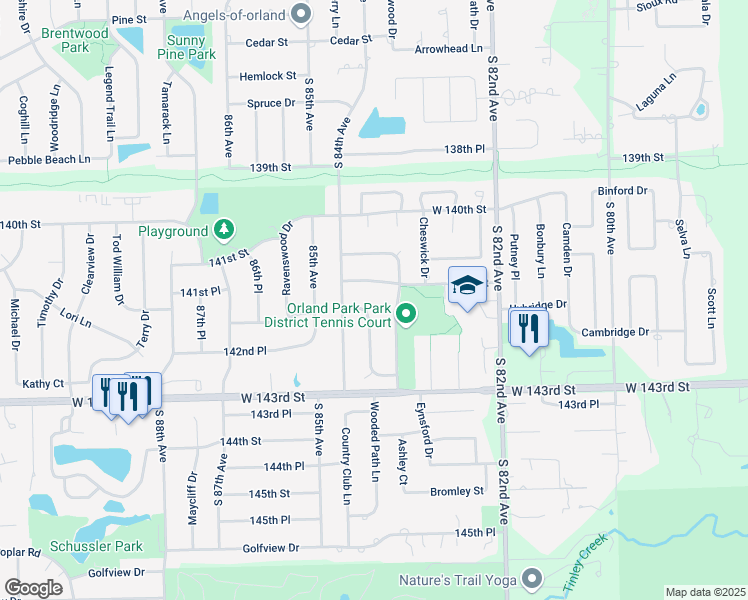 map of restaurants, bars, coffee shops, grocery stores, and more near 8350 Margerita Avenue in Orland Park