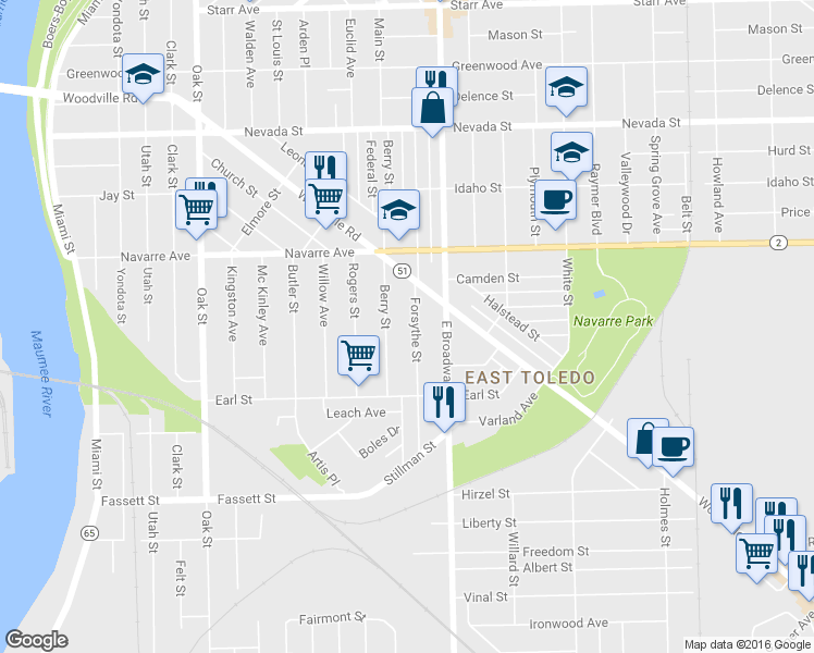 map of restaurants, bars, coffee shops, grocery stores, and more near 878 Forsythe St in Toledo