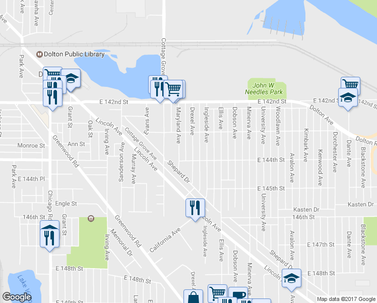 map of restaurants, bars, coffee shops, grocery stores, and more near 14332 Drexel Avenue in Dolton