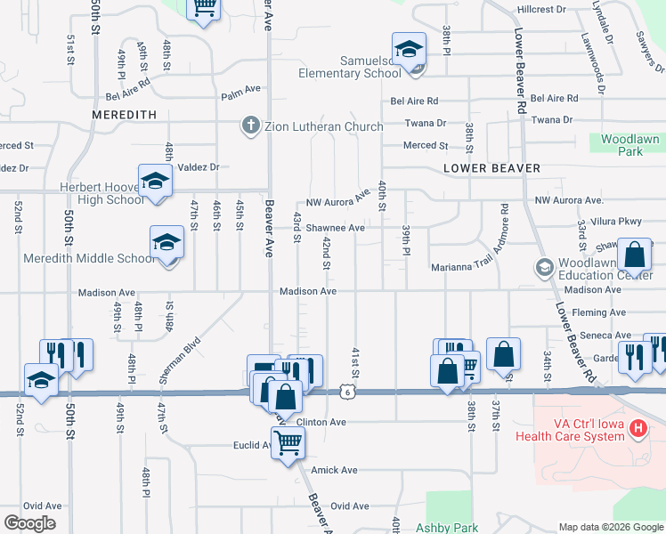 map of restaurants, bars, coffee shops, grocery stores, and more near 4023 42nd Street in Des Moines
