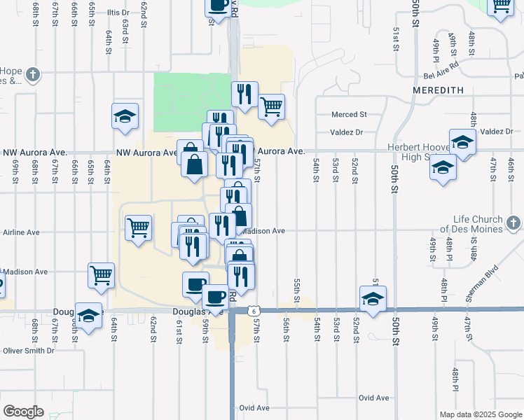 map of restaurants, bars, coffee shops, grocery stores, and more near 4025 57th Street in Des Moines