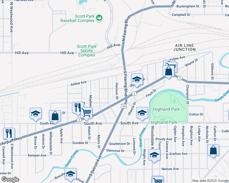 map of restaurants, bars, coffee shops, grocery stores, and more near 310 Hanover St in Toledo