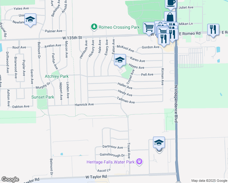 map of restaurants, bars, coffee shops, grocery stores, and more near 311 Healy Avenue in Romeoville