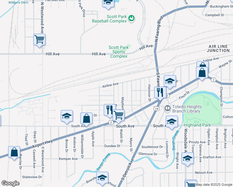 map of restaurants, bars, coffee shops, grocery stores, and more near 307 Danberry Street in Toledo