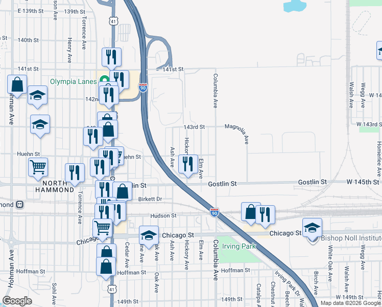 map of restaurants, bars, coffee shops, grocery stores, and more near 4349 Hickory Avenue in Hammond