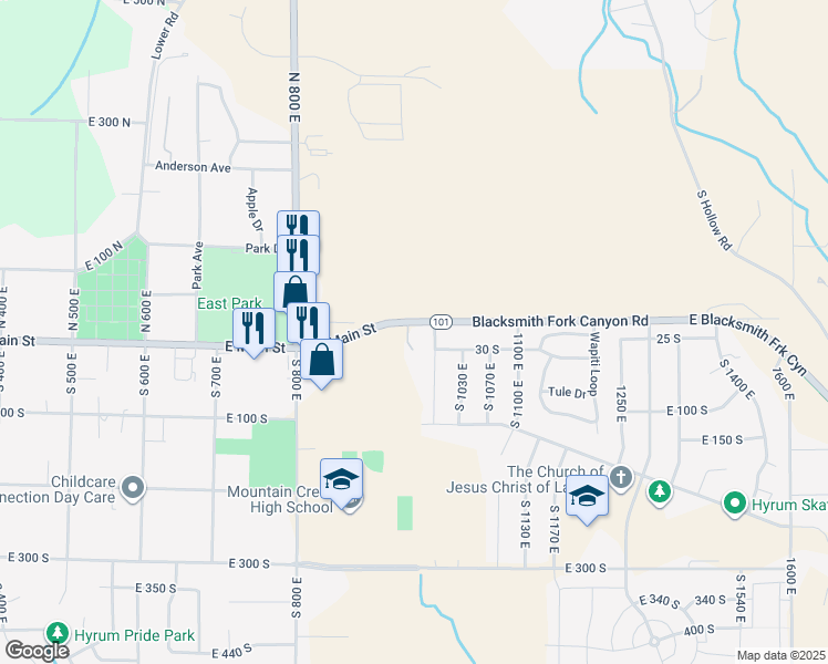 map of restaurants, bars, coffee shops, grocery stores, and more near 970 Utah 101 in Hyrum