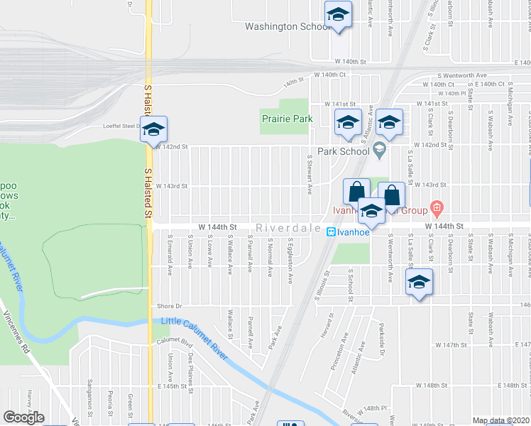 map of restaurants, bars, coffee shops, grocery stores, and more near 14328 South Normal Avenue in Riverdale