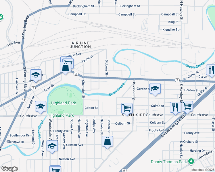 map of restaurants, bars, coffee shops, grocery stores, and more near 1521 Emma Street in Toledo