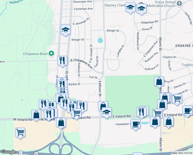 map of restaurants, bars, coffee shops, grocery stores, and more near 410 Teri Street in South Bend